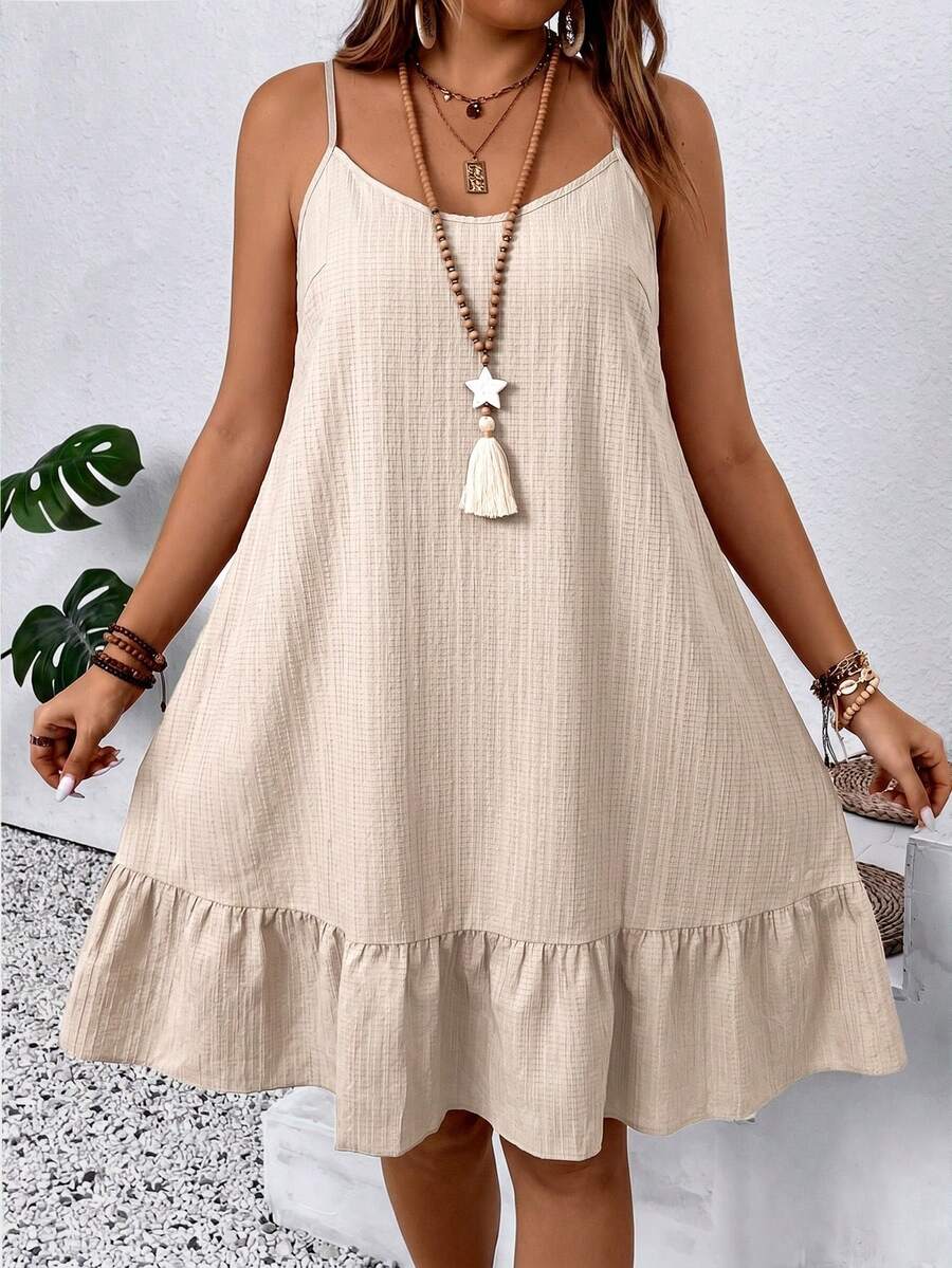 SHEIN LUNE CURVE Plus Size Summer Casual Solid Color Ruffle Hem Camisole Dress - Khaki - View 1