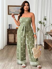 SHEIN LUNE CURVE Combinaison élégante et décontractée pour grandes tailles en tissu texturé à faux motif brodé, convient pour les sorties, les vacances, la plage - Vert - Voir 4