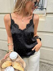 Women's Summer Casual Polka Dot Print Lace Patchwork Camisole - Multicolor - View 4