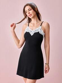 Bonmuse Sweet Lace Trim Camisole Nightgown For Women Black Nightgown Slip Dress Lingerie Spaghetti Strap Lace Nightgown Sexy Sleep Dress Babydoll Women Sexy Lingerie Dresses Spaghetti Strap Lace Night Gown Silky Slip Dress Silky Nightgown Lingerie Slip Dress Womens Nightie Ladies Night Dress Womens Nightiesfor Summer - Black - View 8