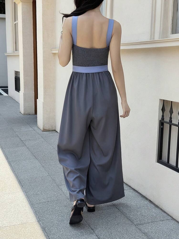 Women's Summer Casual Vacation & Commute Contrast Color Belted Jumpsuit
