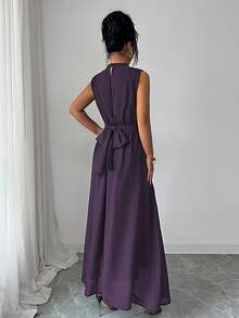 Elenzga Women's Dark Purple Summer Elegant Wedding Chiffon Maxi Dress,French Stand Collar Criss-Cross Tie Waist A-Line Sleeveless Lined Party Dress - Bold Plum - View 2