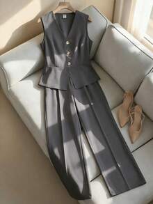 Teen Girl's Spring/Summer Elegant Commute School Formal Open-Front Sleeveless Suit Vest + Loose Straight-Leg Trousers Woven Solid Color Suit - Dark Grey - View 5