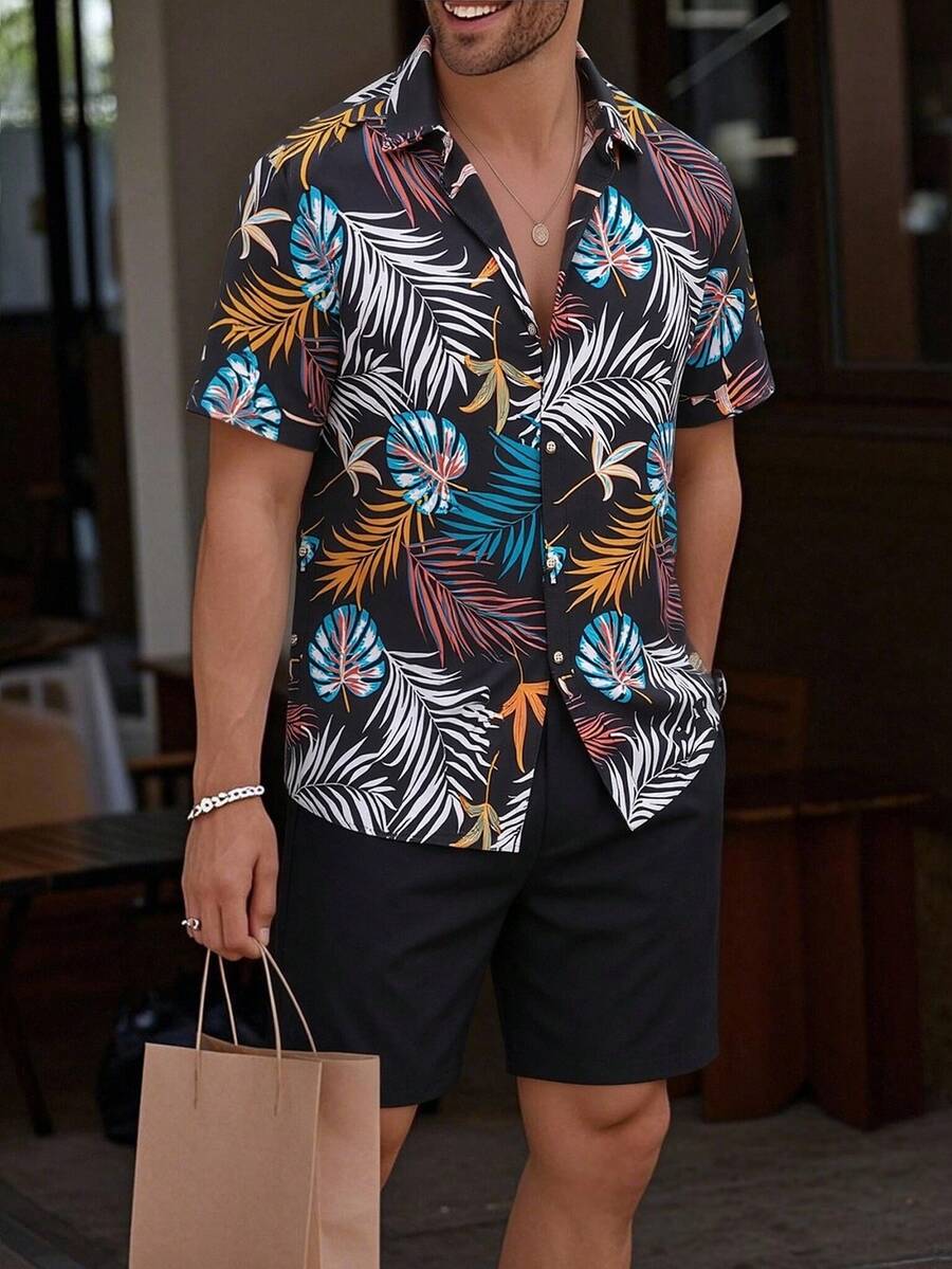 Genlund Men's Summer Hawaiian Leaf Print Button-Front Shirt And Shorts Set - Multicolor - View 1
