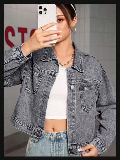Sparklyn Áo khoác denim thường ngày dành cho nữ tuổi teen, chất liệu cotton mềm mại, dáng rộng, thời trang, đa năng, thoải mái, tối giản, dễ phối đồ, thiết kế túi phía trước, kiểu dáng thoải mái, màu xám nhạt cổ điển, phù hợp cho mặc hàng ngày và đi nghỉ mát, mọi mùa.