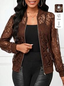 SHEIN Lady Áo khoác bóng chày mỏng ren màu đen dành cho nữ, thích hợp cho mùa thu/đông. - màu nâu - Xem 7
