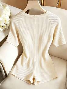 GlowEve Women's Solid Color Round Neck Raglan Sleeve Short Sleeve Casual Jumpsuit - Apricot - View 2