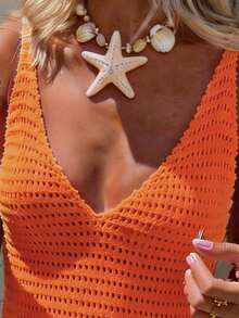 Selianne Spring/Summer Sleeveless V-Neck Backless Knit Dress, Casual Beach Vacation Style - Coral Orange - View 4