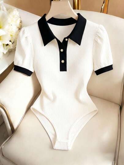 SHEIN Franclia Elegant White Bodysuit For Women, Collared Petal Sleeve Bodysuit, Versatile Bodysuit For Beach, Commute, Social Occasions, Daily Wear, Spring & Summer