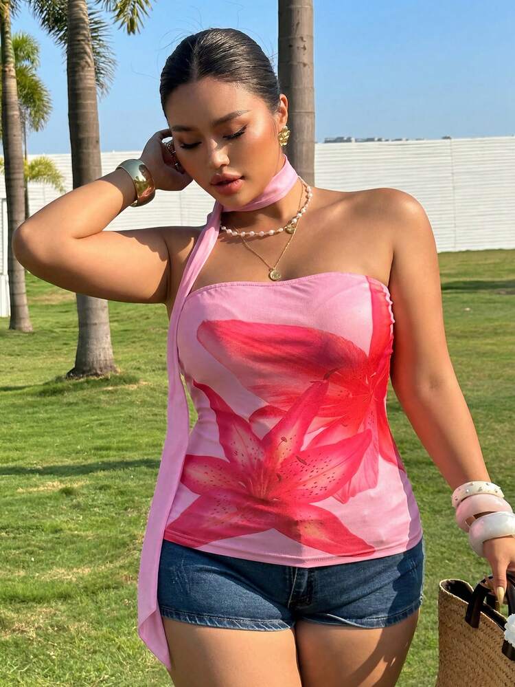 Dazy Plus Floral Print Elastic Wrap Bandeau Top, Street & Beach Style, Tie-Up Plus Size Women Blouse, Pink, Spring/Summer