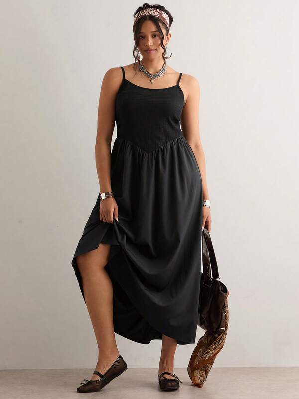 Freevana Plus Size Women's Black Knit Elastic Spaghetti Strap Dress, A-Line Waist, Elegant For Daily Wear, Commute, Casual, Spring/Summer Textured Fabric, Pure Black Elegant Dress, Simple Basic Dress