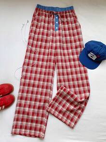 Comfortcana Plaid Belted Loose Wide Leg Pants For Women Red And White Plaid Checkered Summer Casual Preppy Day Lounge Back-To-School - Red - View 5