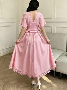 Modelyn 女士优雅褶皱腰身短袖A字褶裥连衣裙，高品质修身设计 - 粉色 - 查看 2