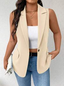 EMERY ROSE Blazer Tanpa Lengan Minimalis Kasual Tipis untuk Wanita Ukuran Plus - Aprikot - View 4