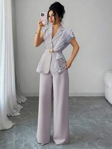 SHEIN Elenzya Bộ váy áo trang trọng sang trọng màu mơ dành cho nữ, gồm áo blazer không tay và quần ống đứng, chất liệu organza đính sequin, cổ bèo nhún và thắt eo, màu đỏ tía, thích hợp cho lễ Halloween, Giáng sinh, tiệc năm mới, lễ tốt nghiệp, đám cưới và các dịp khác. - Xám - Xem 5