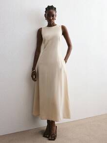 ATUI Studio Women's  Linen Blend Midi Dress With Pockets – Everyday Basic Short Sleeve Dress, Elegant Chic For Summer Beach, Party & Vacation - Khaki - View 2