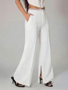SHEIN PETITE Quần ống rộng màu đen ren xuyên thấu dành cho nữ, quần tây công sở lịch sự, thích hợp cho mùa xuân và mùa hè. - trắng - Xem 5
