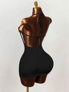 Women's Solid Color Halter Tie Backless Hollow Out Sexy Party Mini Dress - Black - View 2