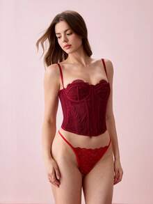 Bonmuse 1件蕾丝文胸性感露脐上衣，女士夜店派对上衣，带扣 - 酒紅色 - 查看 7