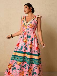 Travachic Plus Size Women's Tropical Floral Print Maxi Dress, V-Neck Flutter Sleeve Cinched Waist A-Line Long Dress, Romantic Vacation Dress For Early Spring - Pink - View 3