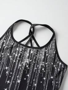 SHEIN 少女休闲渐变色交叉露背运动连衣裙 - 黑色 - 查看 4