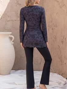 Swim Mulvari Plant Print Flare Sleeve Top And Pants Burkini Set - Black - View 3