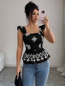 Blusa de manga corta con lazo en la espalda y cintura ceñida, con estampado posicionado en color negro sobre base color albaricoque, para mujer - Negro - Ver 6