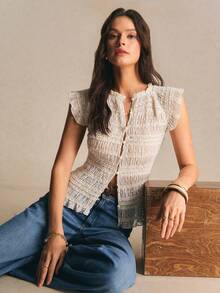 Camisa de mujer de verano,, de malla transparente con textura y botones delanteros - Albaricoque - Ver 9