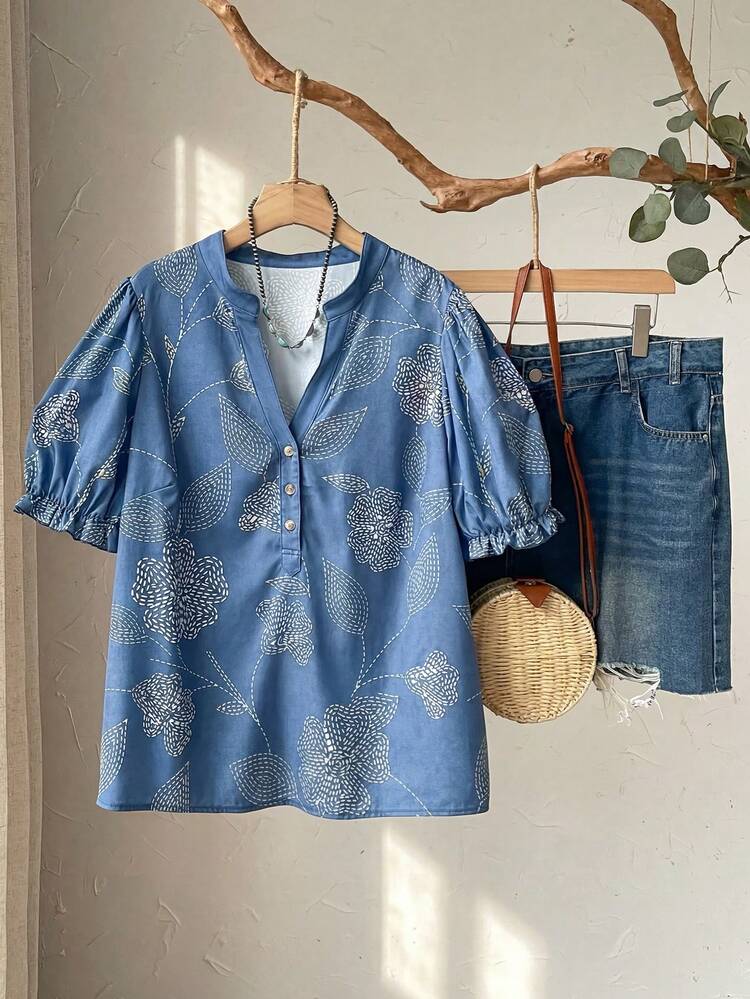 Plus Size Women Spring Casual Vacation Floral Print Shirt