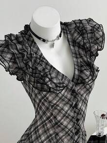 Elamini Camisa de mujer tipo babydoll con cuello en V, mangas cortas transparentes y cintura ceñida, estilo Y2K para primavera/verano - Multicolor - Ver 1