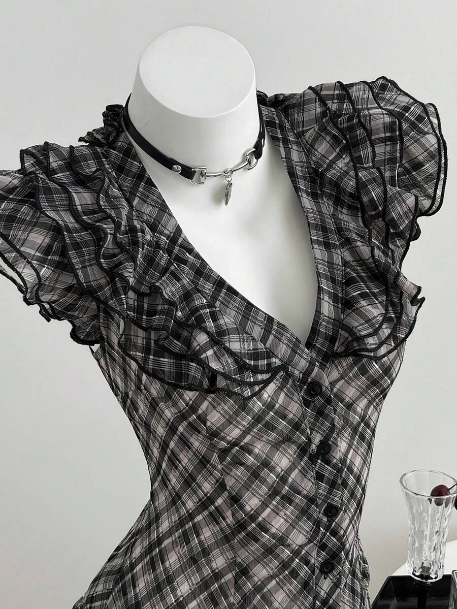 Elamini Camisa de mujer tipo babydoll con cuello en V, mangas cortas transparentes y cintura ceñida, estilo Y2K para primavera/verano - Multicolor - Ver 1