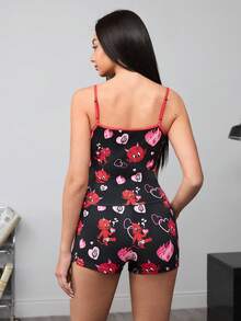 HOT STUFF X SHEIN Women All-Over Print Camisole And Shorts Tight Pajama Set - black red - View 2