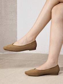 MOTF LADIES SUEDE CONTRASTING PU LEATHER TRIMMED FLATS - Camel - View 2