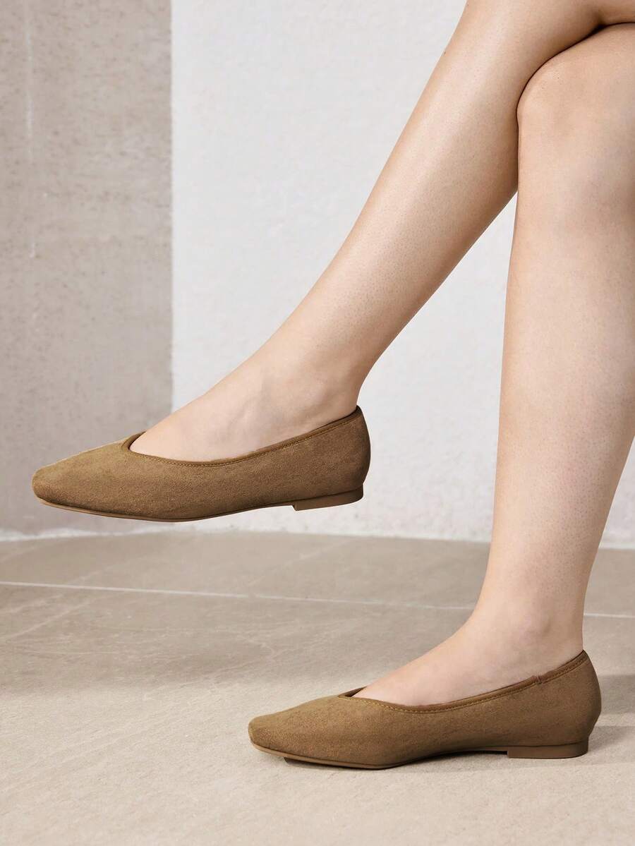 MOTF LADIES SUEDE CONTRASTING PU LEATHER TRIMMED FLATS - Camel - View 2