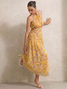 BELROSIE Vacation Versatile Romantic Elegant Floral Ruched Asymmetric Design Sleeveless Dress - Yellow - View 4