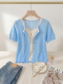 SHEIN Franclia Áo khoác cardigan dáng rộng thoải mái, cổ tròn, tay ngắn, khoét lỗ, phối viền tương phản, màu xanh nhạt, thích hợp cho mùa xuân/hè. - Màu xanh nhạt - Xem 6