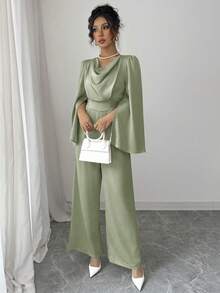 Elenzga Women's Elegant Draped Neck Waist Cinched Satin Jumpsuit - Green - View 4