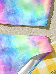 SHEIN Tie-Dye Colorful Print Young Girls Casual Camisole Triangle Bikini Swimwear Set,Summer Beach Holiday Family Vacation,Cottagecore Photoshoot Outfits - Multicolor - View 4