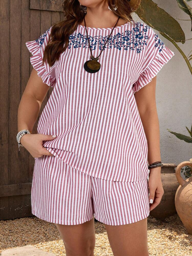 Plus Size Casual Striped Floral Print Shirt And Shorts 2-Piece Set Summer Outfit For Women Beach Outfits For Women Beach Outfits