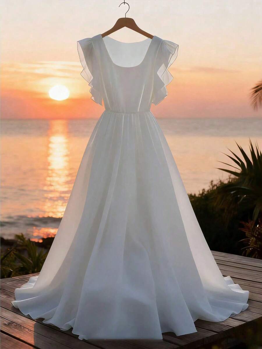 GlowEve Women's Solid Color Chiffon Flared Waist Elegant Flowy Vacation Dress - White - View 1