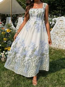 SHEIN Maternity White Summer Boho Flowy Floral Print Off Shoulder Elegant Dress For Holiday,Wedding Guest,Prom Party Vacation Outfits And Formal Events - Blue and White - View 4