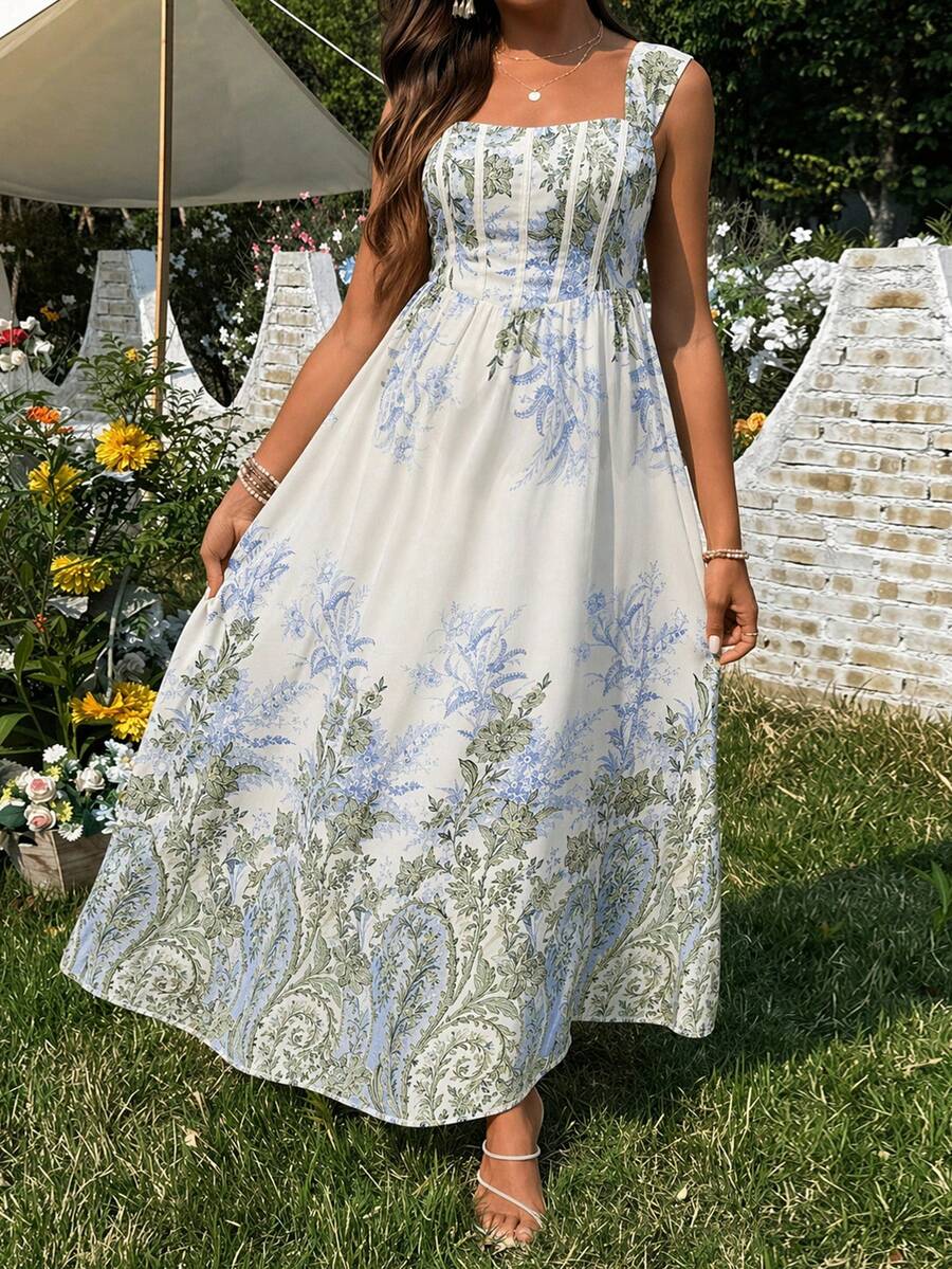 SHEIN 孕婦白色夏季波西米亞風飄逸花卉印花露肩優雅洋裝，適合度假、婚禮賓客、舞會派對、假期穿搭及正式場合 - 藍白色 - 查看 1