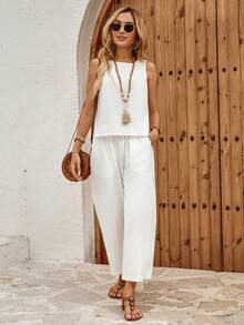EMERY ROSE 2pcs Women White Summer Boho Casual Vacation Holiday Outfits,Solid Color Sleeveless Top And Pants Set,Cotton 2 Pieces Matching Sets Clothes - White - View 6