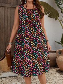 EMERY ROSE Plus Size Women Polka Dot Print Round Neck Sleeveless Black Dress,Summer Boho Vacation Holiday Outfit,Festival Picnic Country Office Dresses For Women - Multicolor - View 5
