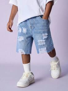 Quần short denim rách dáng rộng cho bé trai, màu xanh dương. - Rửa nhẹ - Xem 1