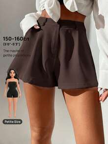 SHEIN PETITE Quần short nữ màu trơn, xếp ly, có túi, dáng rộng, kiểu dáng thường ngày. - Cà phê nâu - Xem 8