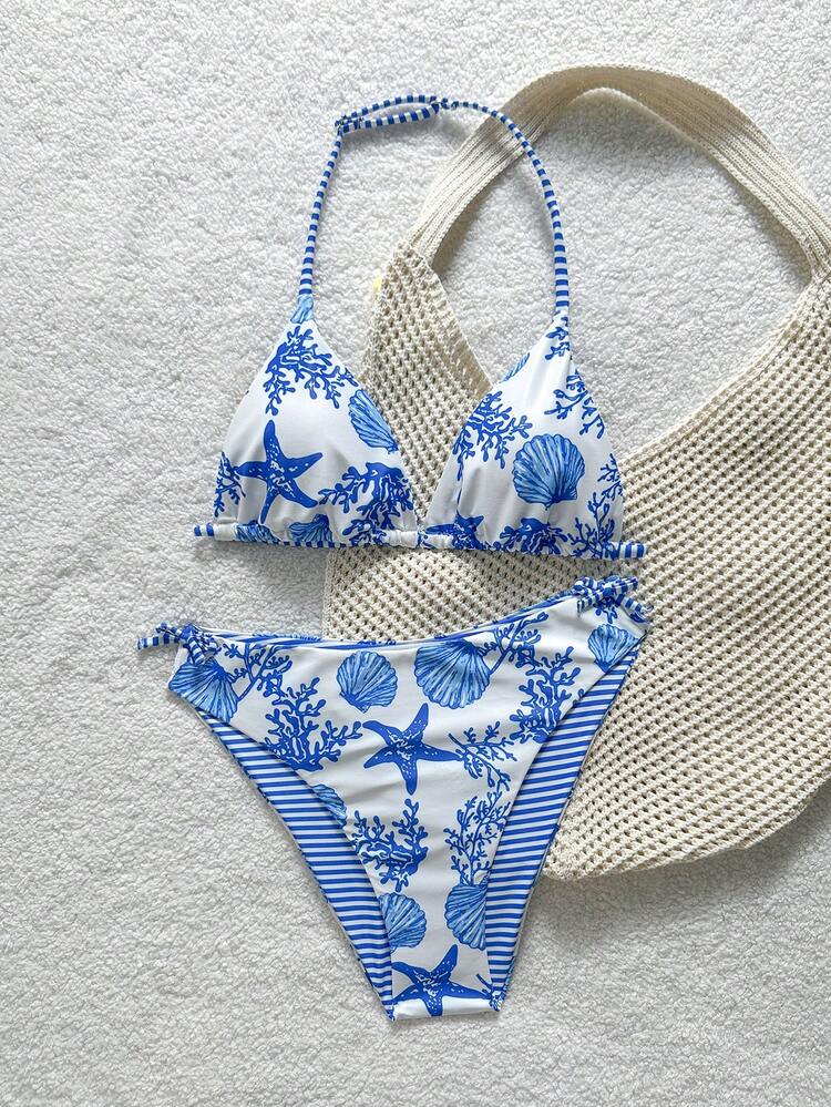 Teen Girls' Summer Beach Vacation Blue & White Ocean Creature Print Halter Bikini Set - Blue and White - View 3