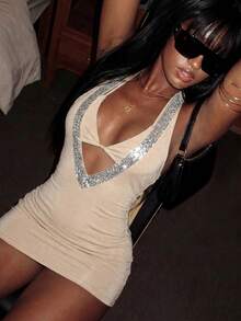 Boho Metallic Knit Bra Top, Sheer Sequin Cover Up Dress, Women 2-Piece Set, Suitable For Music Festivals & Vacation - Apricot - View 1