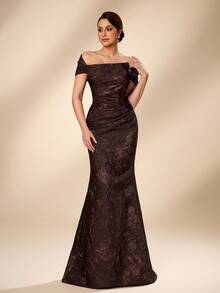 Serin Plus Size Elegant Luxurious Coffee Off Shoulder Fitted Mermaid Hem Dress, Suitable For All Formal Occasions, Mother Of The Bride Gown - Coffee Brown - View 5