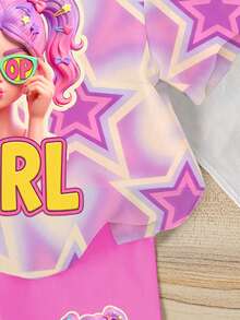 1 套少女休闲舒适时尚百搭创意可爱 3D 眼镜女孩星星字母标语图案短袖 T 恤和紧身短裤套装，春夏装扮，适合外出、校园、音乐节等场合。 - 彩色 - 查看 4